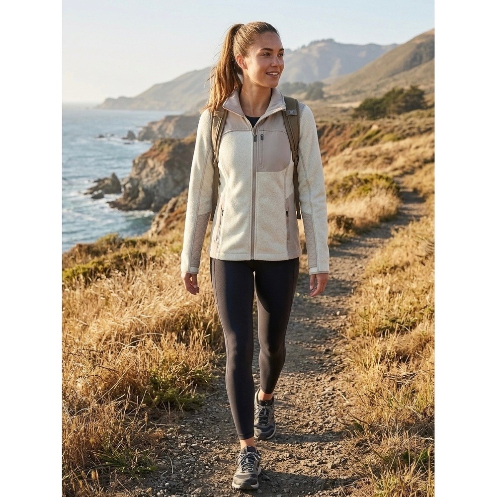 Athleta Womens Highline Hybrid Fleece Jacket Tan Oatmeal Full Zip S 350691 FA16